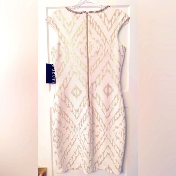 Sangria White and Gold Metallic Cap Sleeve Rhinestone Shift Dress - Picture 4 of 12